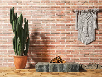 Cactus Potted Plant Against Red Brick Wall with Woven Hanging and Stone Bench Firewood 3d model