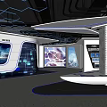 Futuristic Exhibition Hall Interior With Hexagonal Ceiling Large Curved Screens And Curved Reception Desk