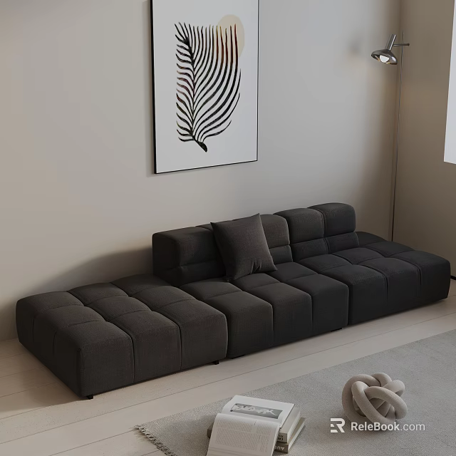 Modern Black Modular Three Seater Sofa In Living Room With Wall Art And Floor Lamp 3d model 