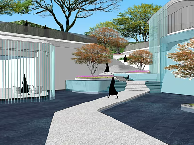 Modern Pergola in Courtyard with Stone Pathway Steps Water Feature and Green Trees 3d model