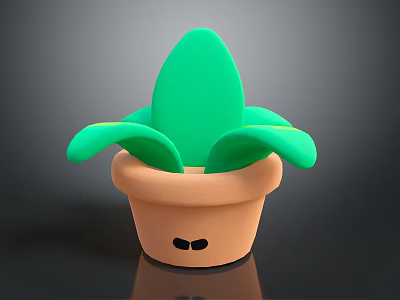 Cute Cartoon Potted Plant Featuring Green Leaves And Brown Pot With Eyes 3d model