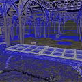 Ornate Arched Metal Structures With Large Workbench Tables And Textured Flooring