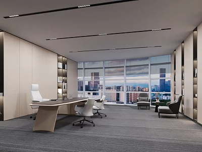 Modern Office Interior With Large Windows City View Desk Bookshelves And Comfortable Chairs 3d model