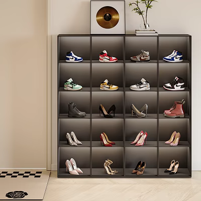 Various Shoes Styles Including Sneakers Heels Boots On Dark Shelf Light Background Checkered Floor 3d model