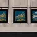 Three Chinese Style Landscape Paintings With Blue Background And Golden Patterns 3d model
