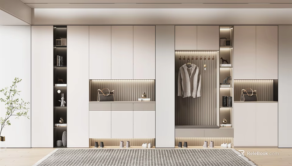 Modern Shoe Cabinet Design With LED Lighting Multiple Storage Compartments And Hanging Area 3d model