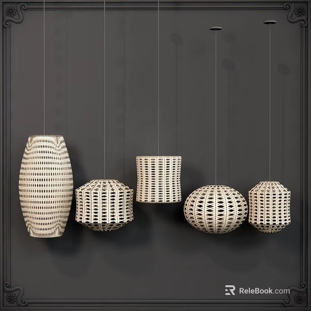 Stylish Woven Pendant Lights with Various Shapes Hanging Against Dark Gray Wall 3d model 