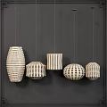 Stylish Woven Pendant Lights with Various Shapes Hanging Against Dark Gray Wall