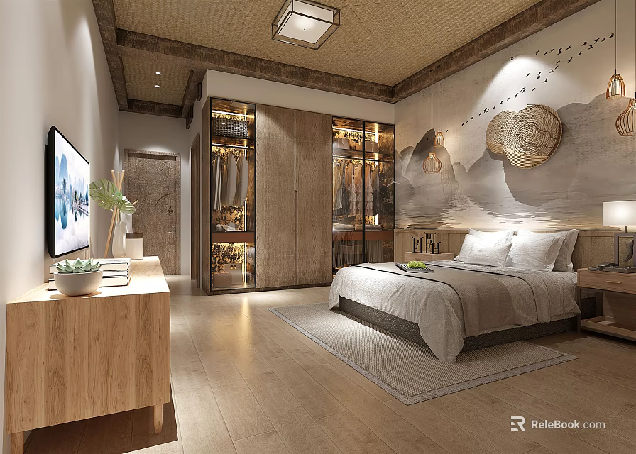 Hotel Guest Room Interior With Wooden Furniture TV Bed And Decorative Wall Art 3d model 