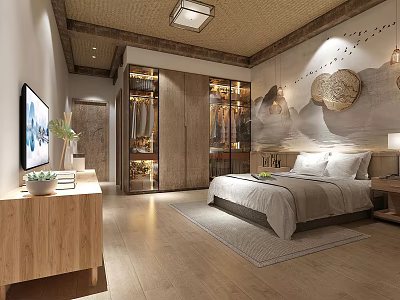Hotel Guest Room Interior With Wooden Furniture TV Bed And Decorative Wall Art 3d model
