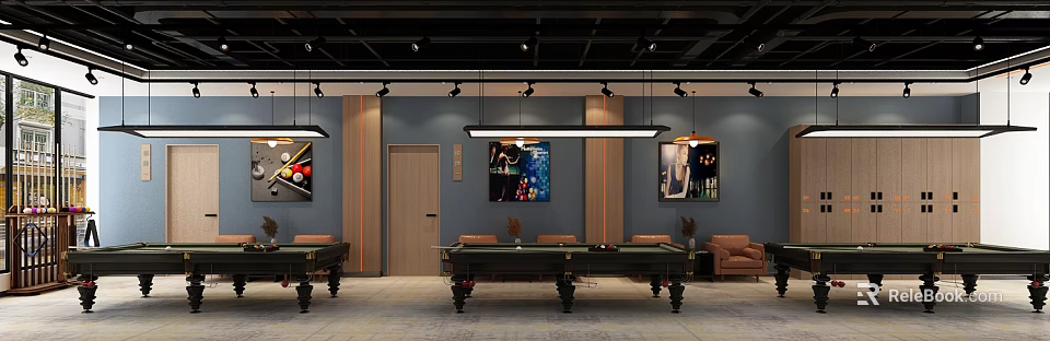 Modern Billiard Room Interior With Pool Tables Pendant Lights Wall Art And Leather Sofas 3d model