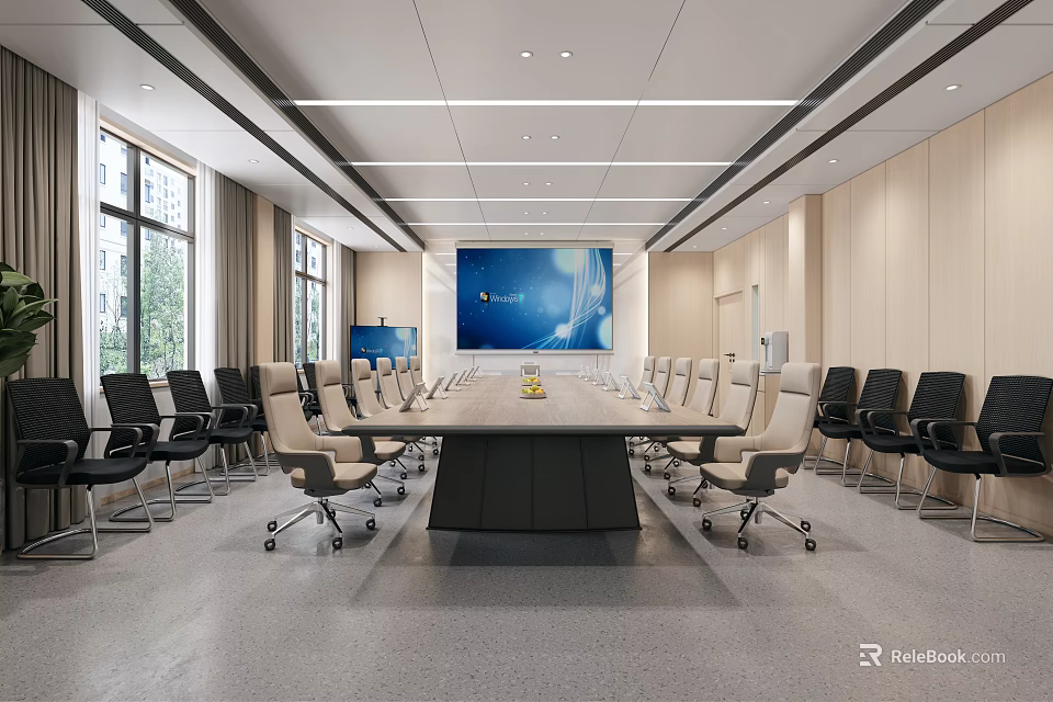 Modern Conference Room Interior Design With Long Table Comfortable Chairs And Large Display Screen 3d model