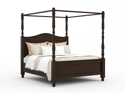 Classic Dark Wood Four Poster Double Bed With White Bedding And Pillows 3d model