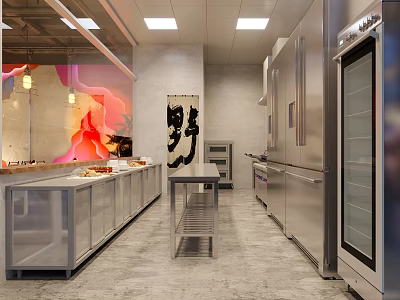 Modern Commercial Kitchen Interior With Stainless Steel Appliances Display Cabinets Workbench And Decorative Painting 3d model