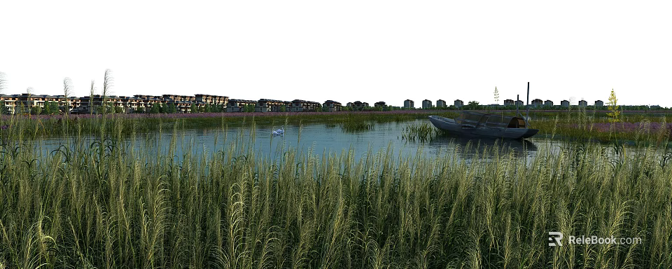 Peaceful Lakeside Scenery With Reeds Swan Boat And Distant Residential Buildings 3d model 