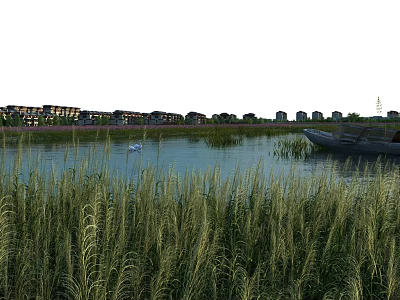 Peaceful Lakeside Scenery With Reeds Swan Boat And Distant Residential Buildings 3d model