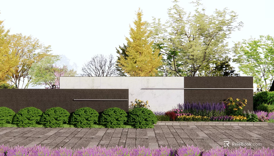 Modern Garden Feature Wall With Lush Greenery Colorful Flowers Trees And Stone Pavement 3d model 
