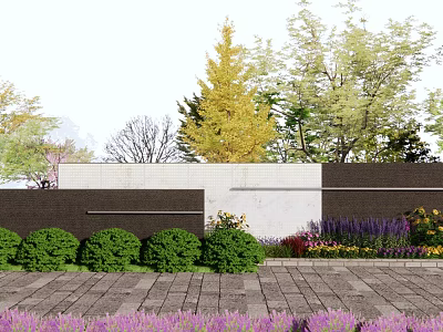 Modern Garden Feature Wall With Lush Greenery Colorful Flowers Trees And Stone Pavement 3d model