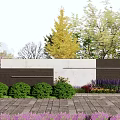 Modern Garden Feature Wall With Lush Greenery Colorful Flowers Trees And Stone Pavement