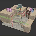 Cartoon Scene With Traditional Style Buildings Courtyard Detailed Roofs Pathways And Small Windows
