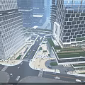 Modern Urban Office Buildings Complex With Green Roofs Streets Vehicles And Pedestrians