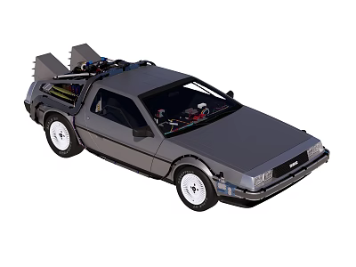 Gray DeLorean Car With Gull Wing Doors And Roof Mounted Equipment 3d model