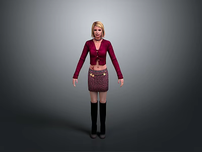 3D Female Model With Blonde Hair Maroon Cardigan Patterned Skirt And Black Boots 3d model
