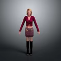 3D Female Model With Blonde Hair Maroon Cardigan Patterned Skirt And Black Boots
