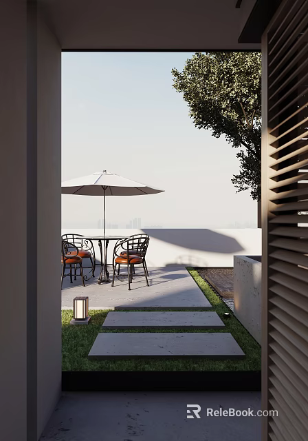 Roof Garden With White Umbrella Table Chairs Lantern Light Stone Path And City Skyline 3d model 