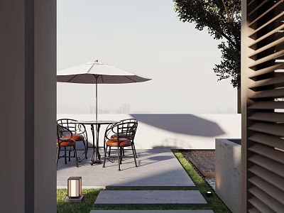 Roof Garden With White Umbrella Table Chairs Lantern Light Stone Path And City Skyline 3d model