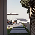 Roof Garden With White Umbrella Table Chairs Lantern Light Stone Path And City Skyline
