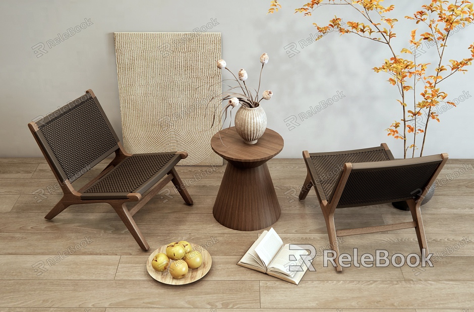 Modern Middle Ancient Casual Table and Chair Rattan Chair Casual Chair Outdoor Chair Indoor Plant Potted Vase Fruit Ornaments Decorative Painting Hanging Painting model