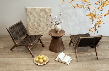 Modern Middle Ancient Casual Table and Chair Rattan Chair Casual Chair Outdoor Chair Indoor Plant Potted Vase Fruit Ornaments Decorative Painting Hanging Painting 3d model