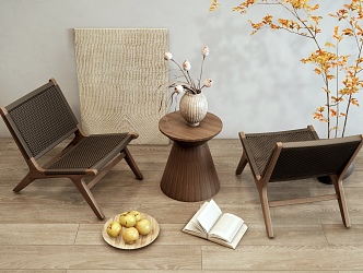 Modern Middle Ancient Casual Table and Chair Rattan Chair Casual Chair Outdoor Chair Indoor Plant Potted Vase Fruit Ornaments Decorative Painting Hanging Painting 3d model