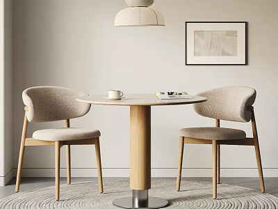 Wooden Round Table With Two Upholstered Chairs And Pendant Lamp Near Framed Wall Art On Rug 3d model