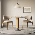 Wooden Round Table With Two Upholstered Chairs And Pendant Lamp Near Framed Wall Art On Rug