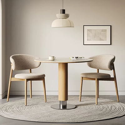Wooden Round Table With Two Upholstered Chairs And Pendant Lamp Near Framed Wall Art On Rug 3d model