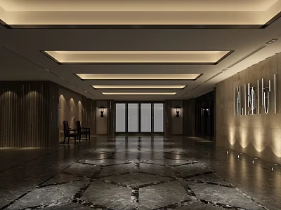 Elegant Hotel Lobby Interior With Patterned Marble Floor Recessed Lighting And Glass Entrance Doors 3d model