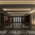 Elegant Hotel Lobby Interior With Patterned Marble Floor Recessed Lighting And Glass Entrance Doors