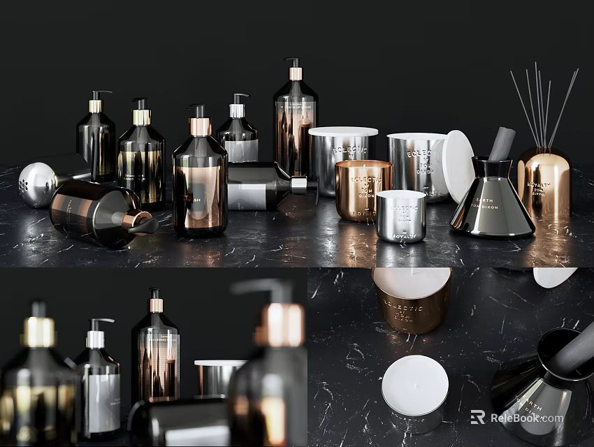 Modern Bathroom Accessories with Glass Bottles Metal Containers and Aromatherapy Diffusers 3d model