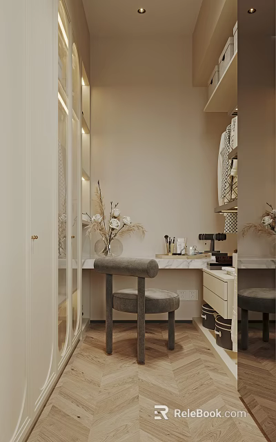 Elegant Modern Walk-in Closet Interior With Dressing Table Marble Countertop And Chair 3d model 