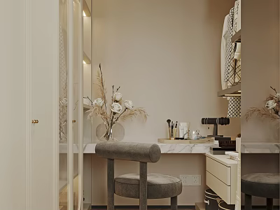 Elegant Modern Walk-in Closet Interior With Dressing Table Marble Countertop And Chair 3d model