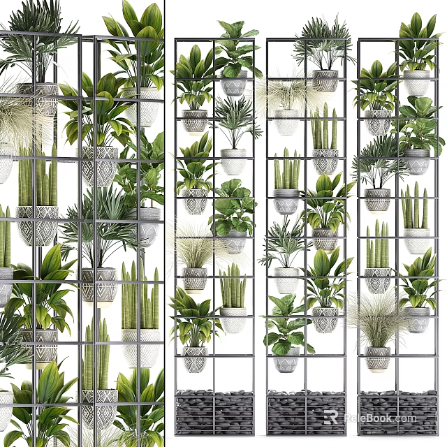 Stylish Decorative Ornament Set With Green Plants Ceramic Pots And Metal Racks For Home Decoration 3d model 