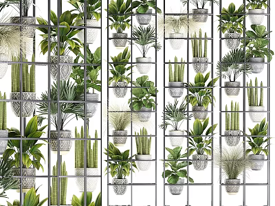 Stylish Decorative Ornament Set With Green Plants Ceramic Pots And Metal Racks For Home Decoration 3d model