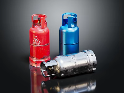 Red Blue And Silver Gas Cylinders As Storage Containers On Black Surface 3d model