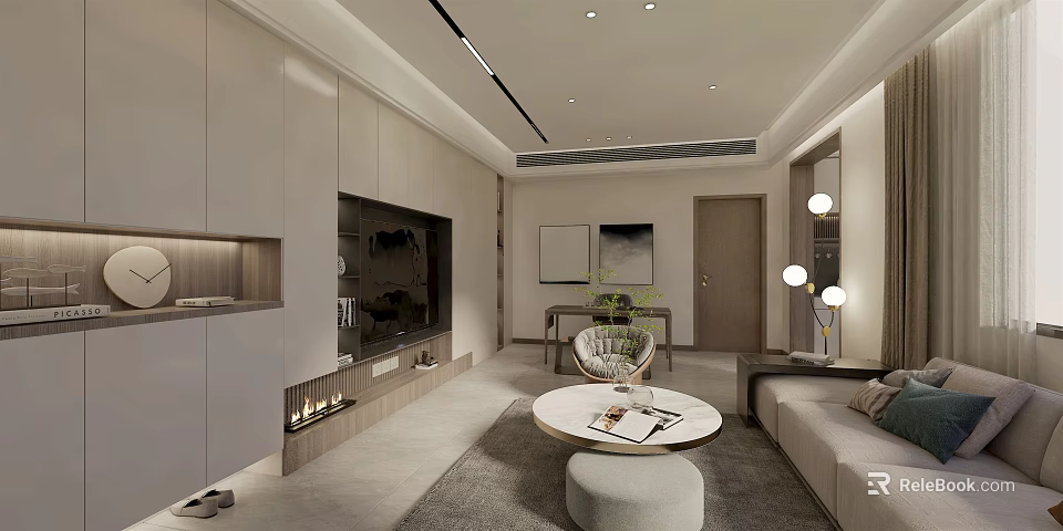 Modern Living Room Interior With TV Wall Sofa Round Coffee Table And Floor Lamps 3d model 