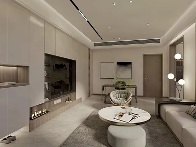 Modern Living Room Interior With TV Wall Sofa Round Coffee Table And Floor Lamps 3d model
