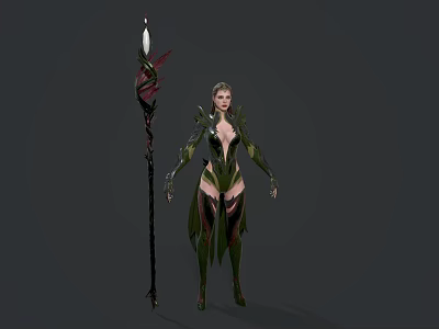 Game Fantasy Female Character in Green Leaf Decorated Outfit with Long Staff Red White Top 3d model
