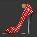 Red Polka Dot High Heels with Coin on Heel and Scattered Coins on Black Background