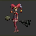 Game Movie Character In Pink Outfit With Red Jester Hat And Large Broom